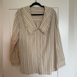 English Factory Beige and White Striped Ruffle Collar Button-Down